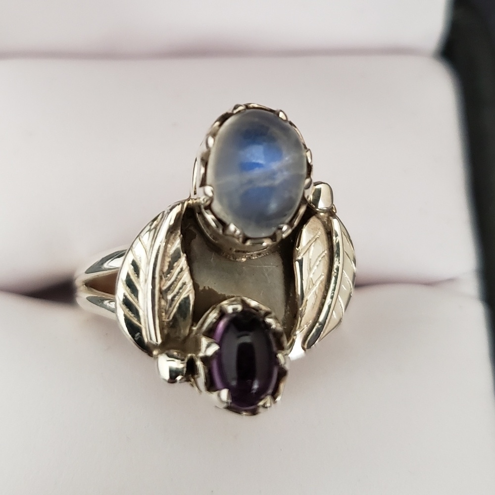 Sterling silver Moonstone and Amethyst ring.